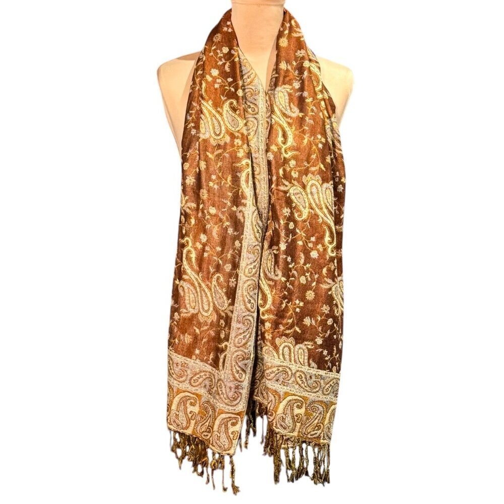 New Large Paisley Scarf Wrap Pashmina Brown Cream Fringe Classic - Picture 7 of 9